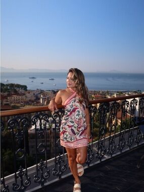Printed One-Shoulder Mini Dress in Cream and Pink